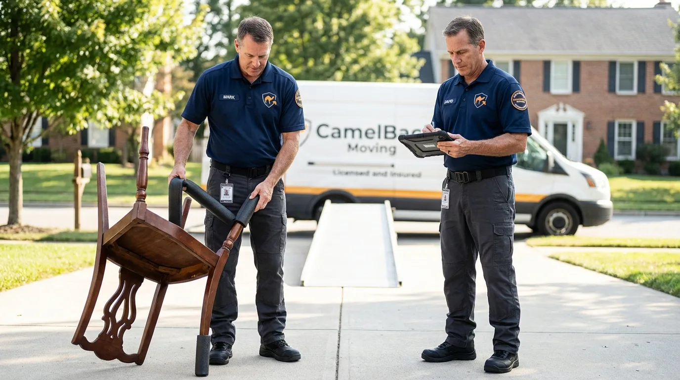 Movers inspecting furniture for damage prevention before loading in Timmonsville, SC