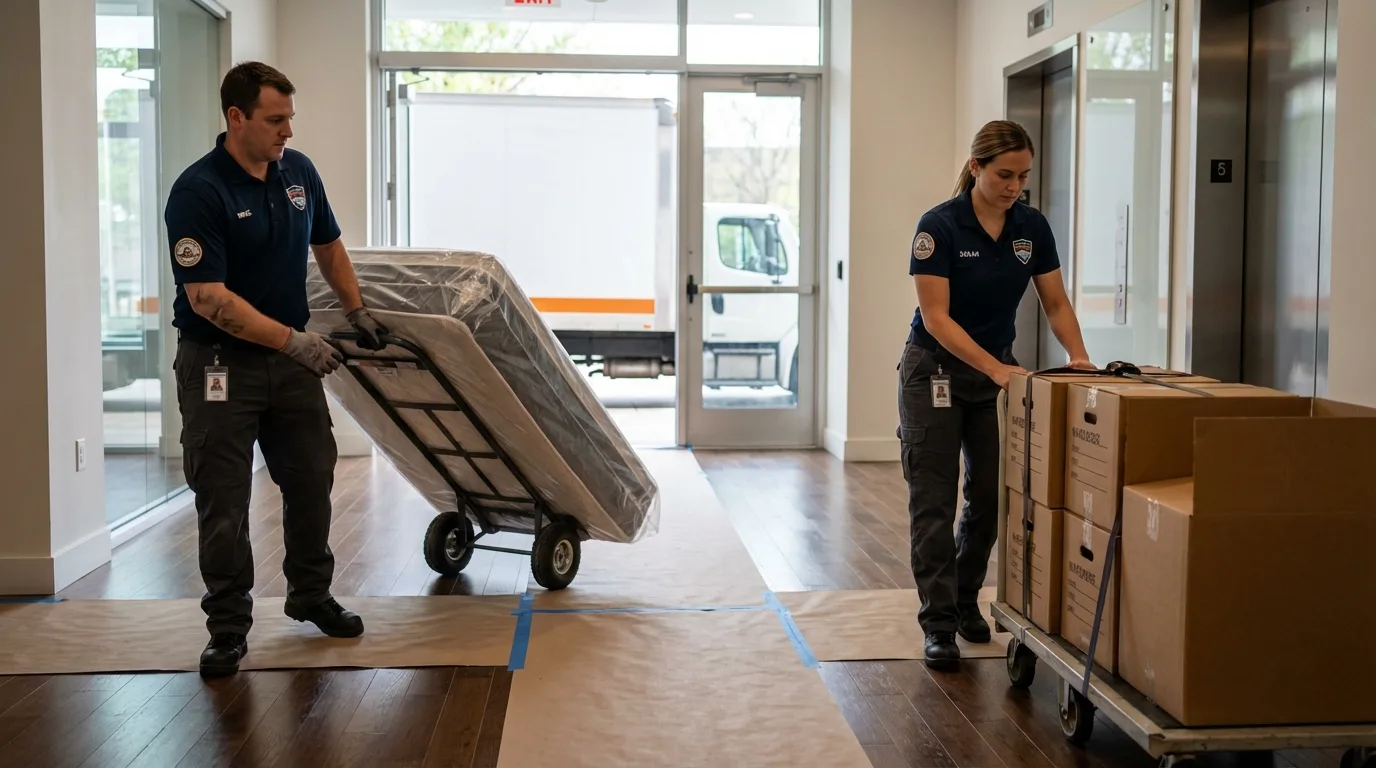 Professional apartment movers loading elevator in Timmonsville, SC