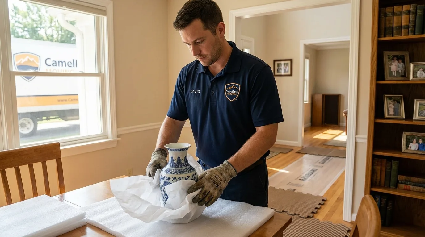Professional crew carefully wrapping antique vase for senior downsizing move in Timmonsville, SC